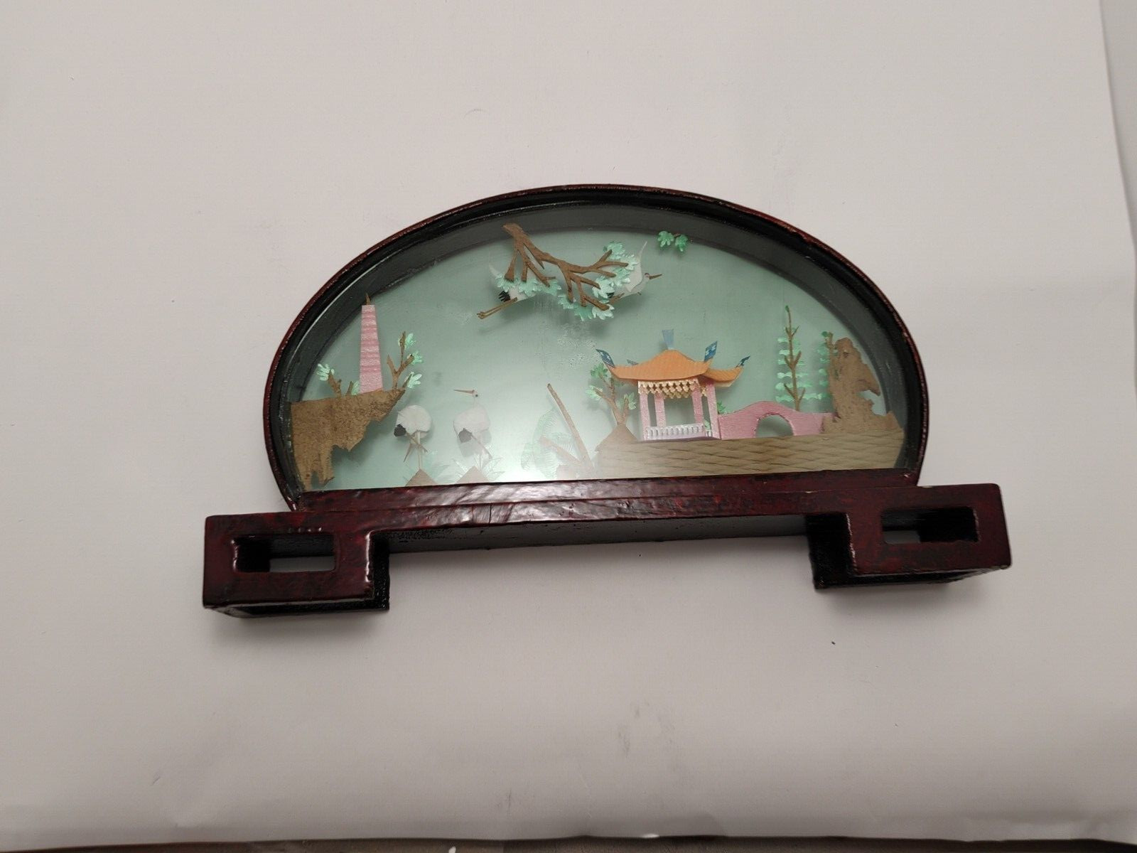 Vintage Chinese Cork Art HAND MADE Oval Lacquered Wood Glass 14×2″ Beautiful