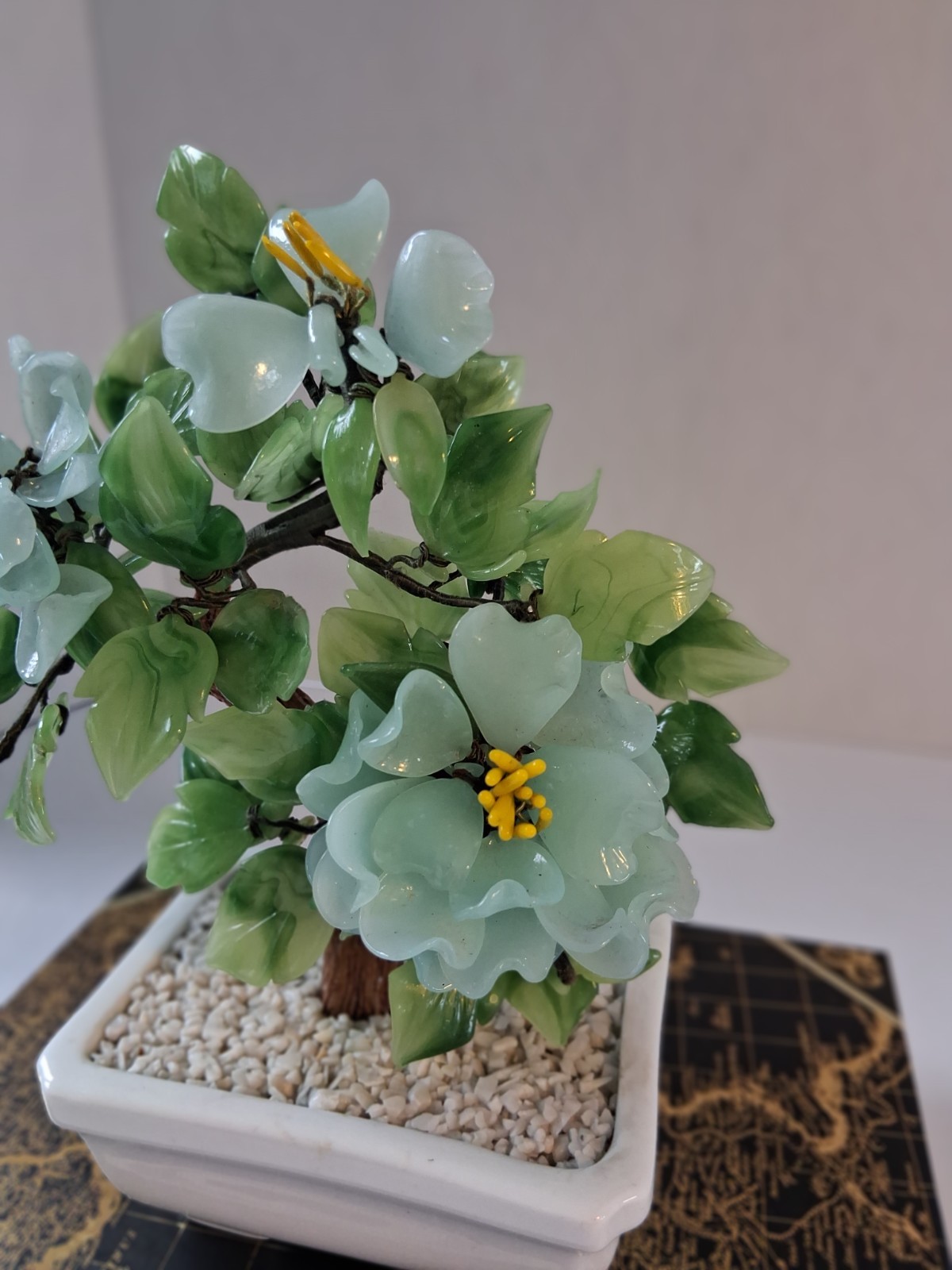Vtg 1980’s Aqua Blue Peking Glass Blossomed & Jade-Stone Leaf Bonsai Tree; EUC!