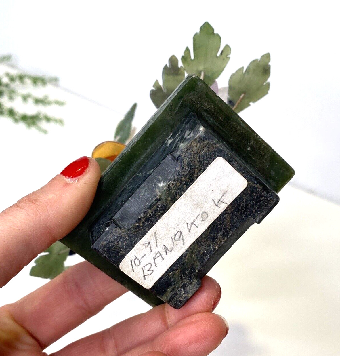 Vintage Bangkok Thailand Natural Polished Stone Flower Tree Jade Amber Blue