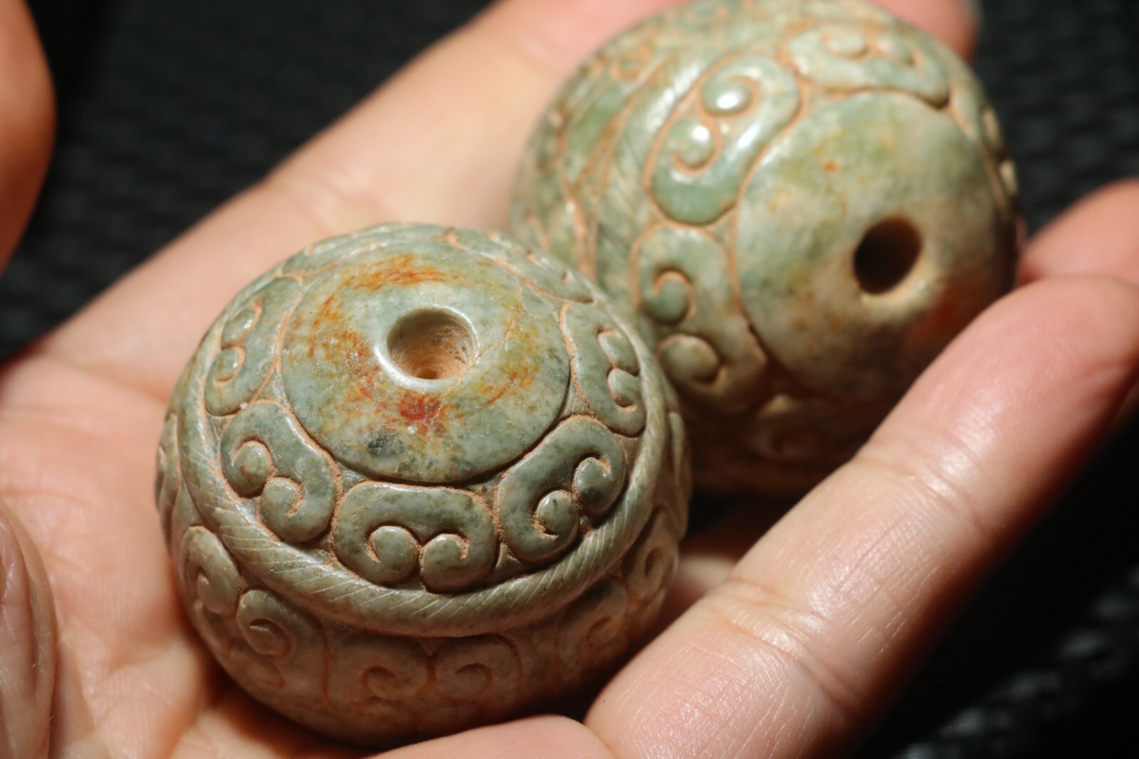 Pair of Chinese Hetian Old JADE Linking Fortune Large Ball Sphere 40MM Amulets