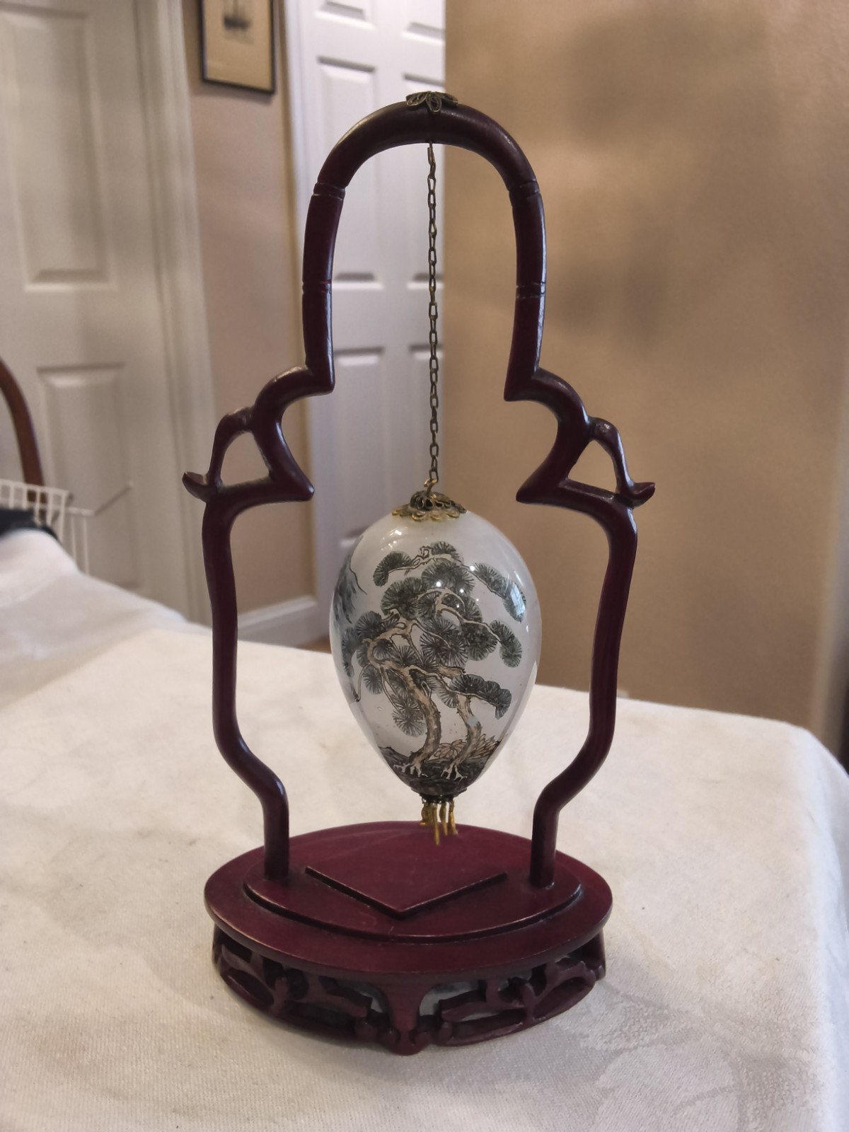 VTG Chinese Reverse Hand Painted Glass Egg Wooden Stand Sophisticated Elegant A1