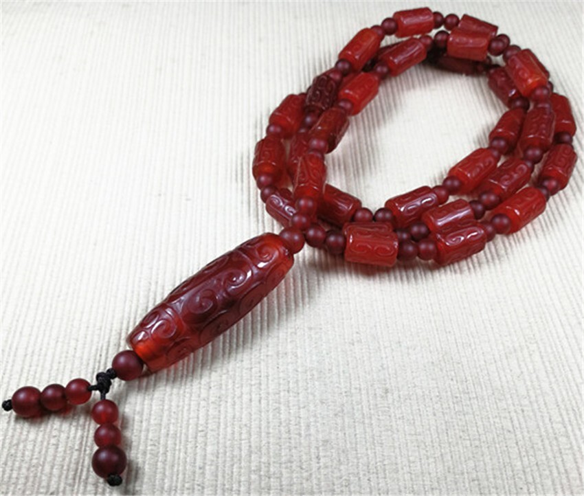 8X12MM Old Tibetan Dzi Bead Agate Amulet Necklace Blessed By Tibetan Lama 28″