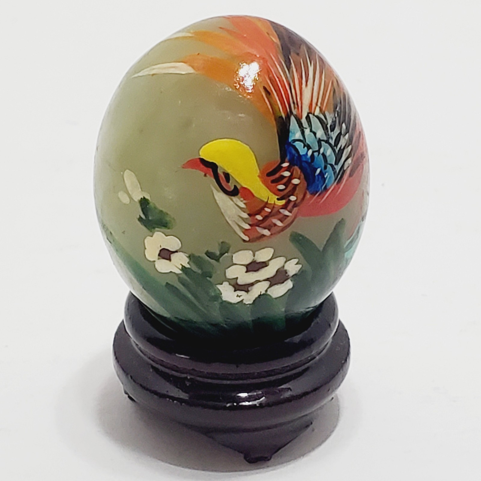 Green Jade Stone Egg with Stand Hand Painted Scene Long Tailed Multicolor Bird