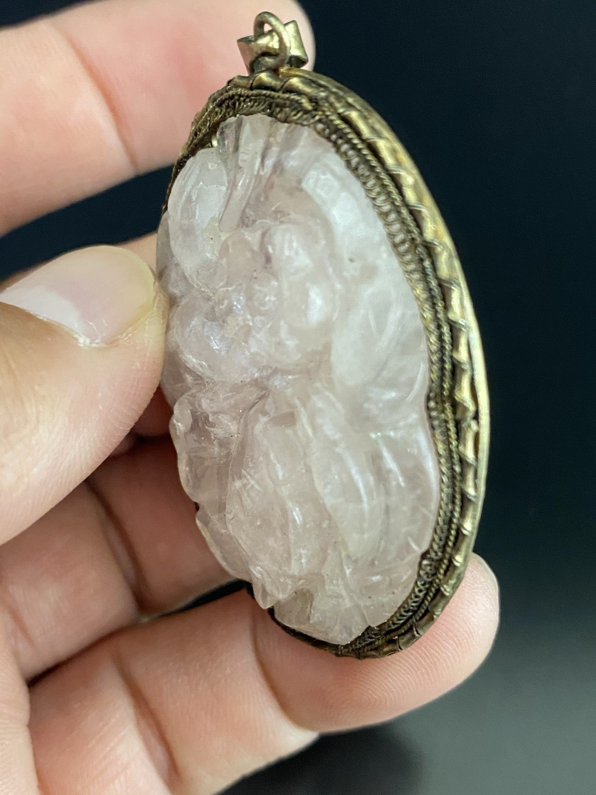 Chinese VTG Carved Pink Quartz Large Oval Intricate Sterling Filigree Pendant