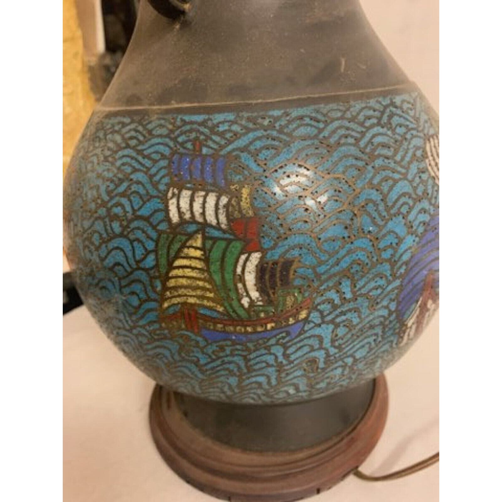 LARGE ANTIQUE CHINESE CHAMPLEVE CLOISONNE Enamel Bronze Vase Table Lamp Boat …