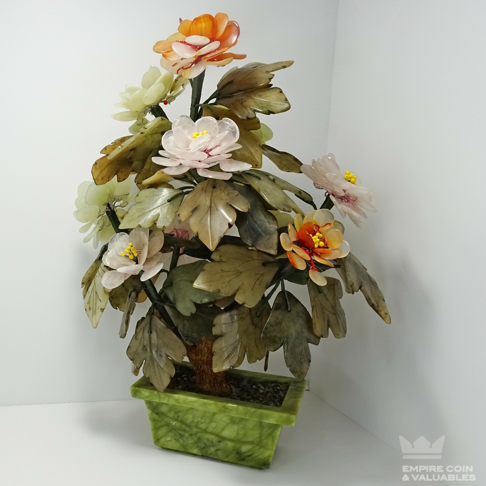 Vintage Chinese Carved Bonsai Jade, Carnelian, & Rose Quartz 13″ Flower TREE *E1