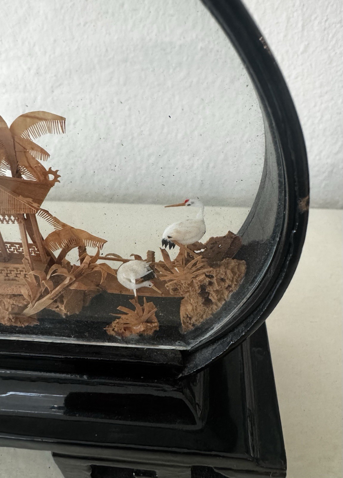 Vintage Chinese DIORAMA Cork Carving Oval Wooden Glass Case Trees Cranes