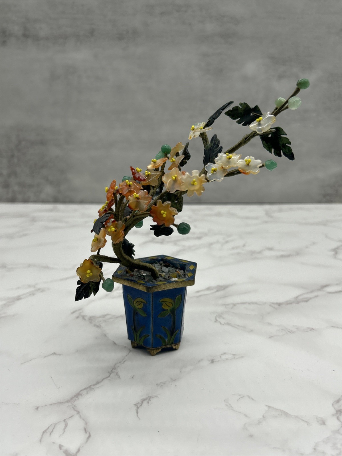 Chinese Carved Jade Agate Carnelian Quartz Flowers Bonsai Tree Cloisonne Enamel
