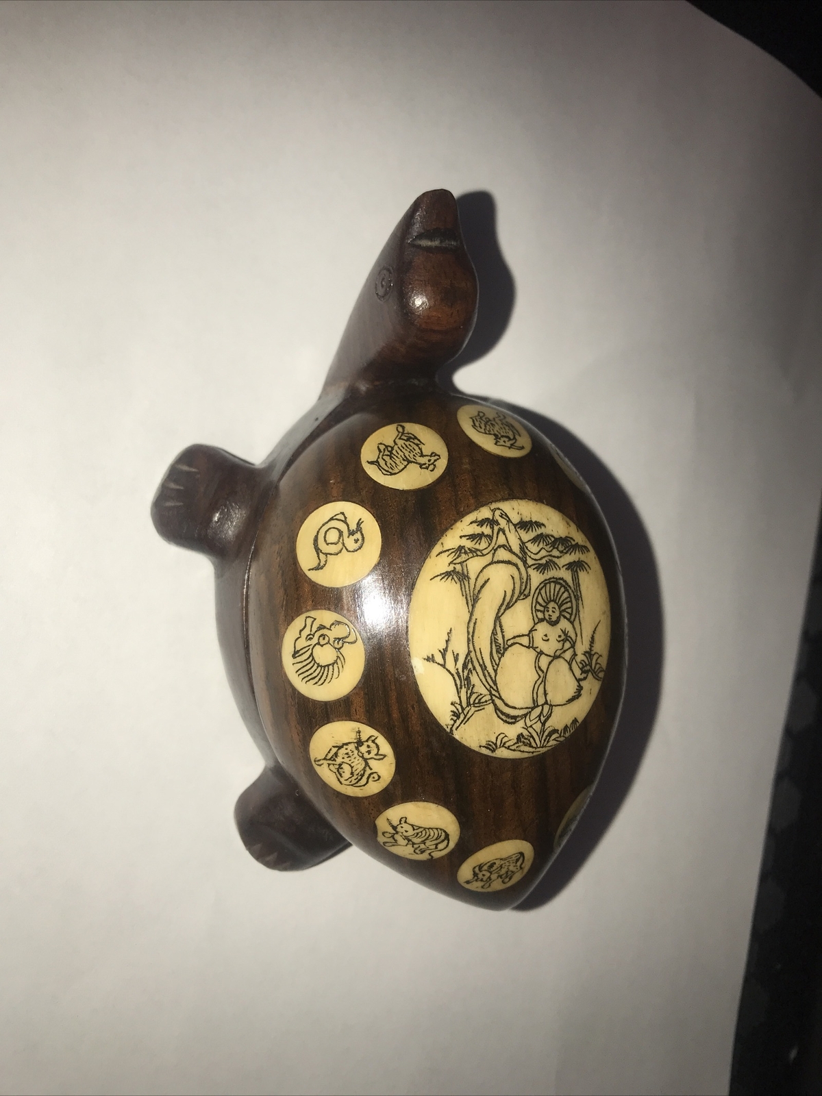 Vintage Carved Wood Turtle with Inlaid Chinese Zodiac Signs Opens to Compass 183