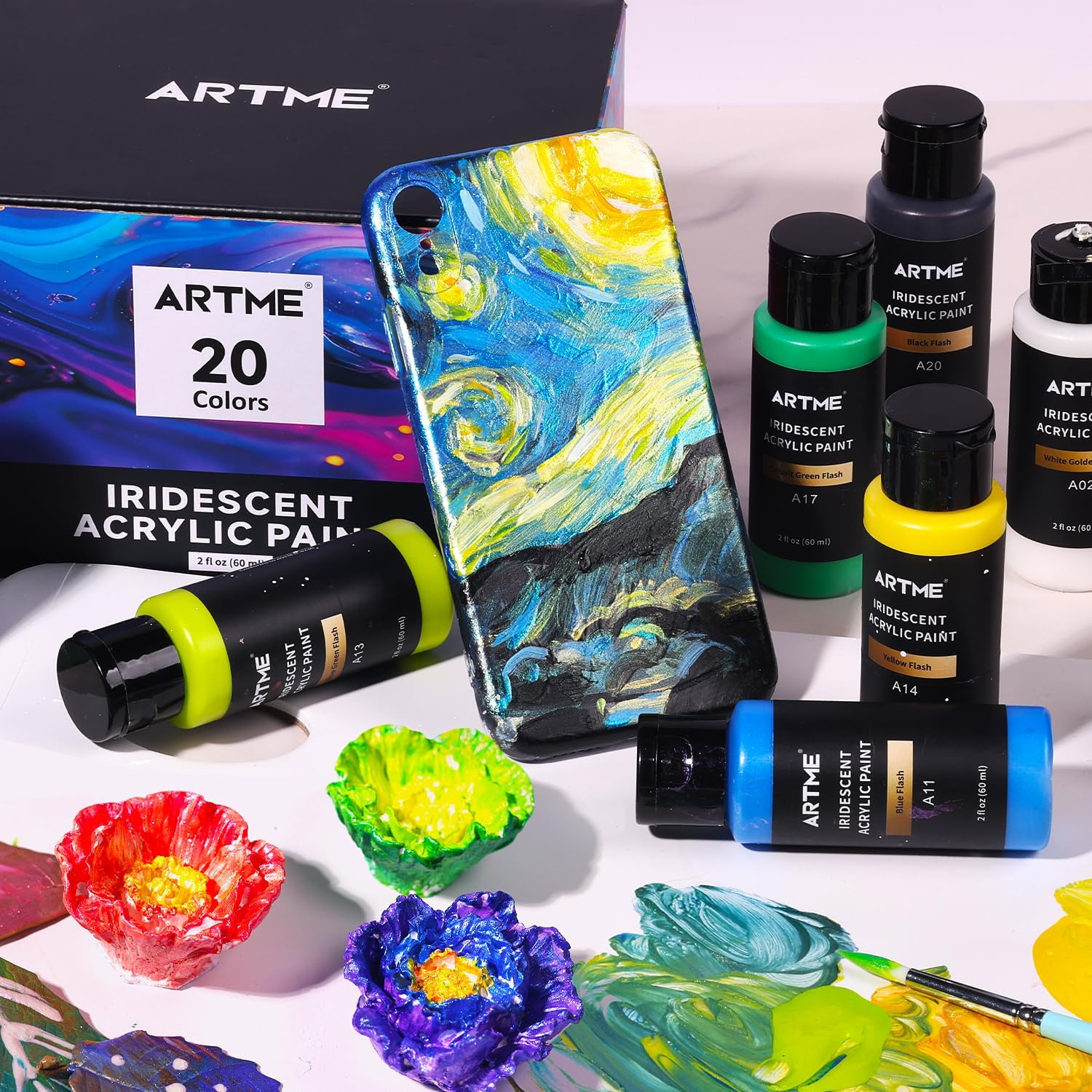 Artme Iridescent Acrylic Paint Set, 20 Chameleon Colors in 2 Oz/60Ml Bottles