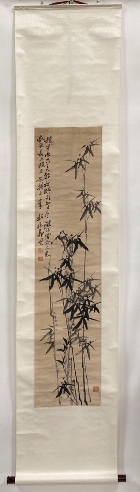 Chinese Hanging Scroll Painting. Ink on paper, depicting bamboo trees