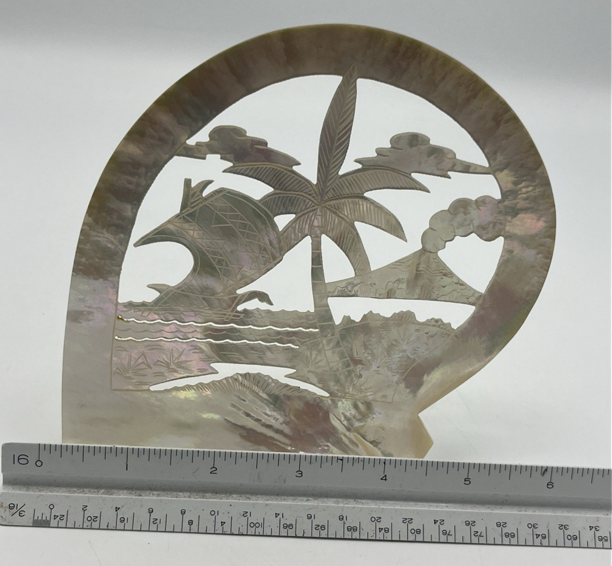 Carved Mother of Pearl Shell Asian Scene with Stand 6″ Tall