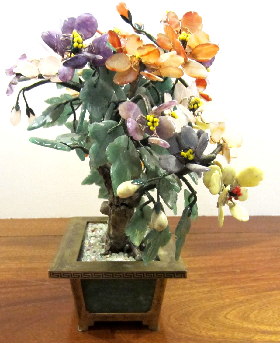 large jade/stone bonsai tree with many flowers of jade, agate, amethyst,& others