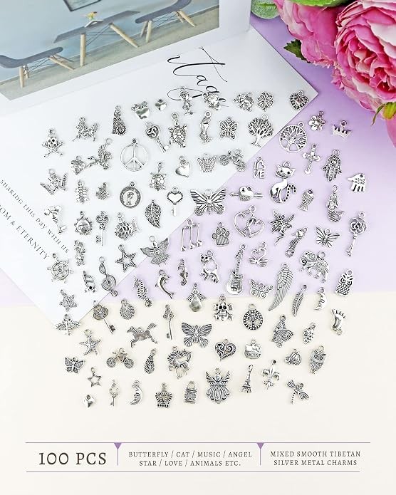 JIALEEY 100 PCS Silver Charms Bulk Wholesale Tibetan Metal Pendants DIY Craft