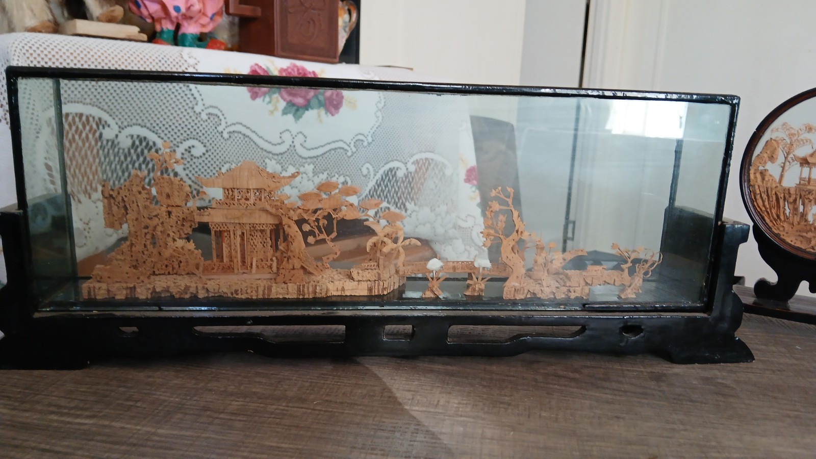 Vintage Chinese San You Cork Art Hand Carved Diorama Pagoda Cranes Trees