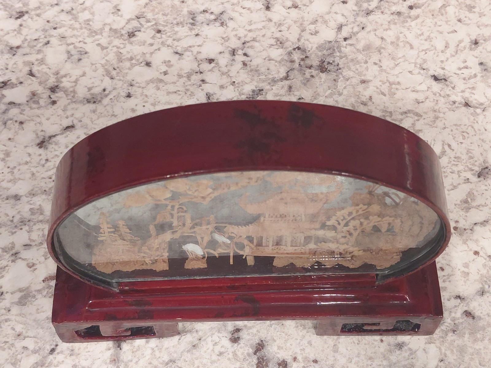 Vintage Oval Chinese Cork Art Diorama Shadow Box Pagoda Cranes Scene Glass Frame