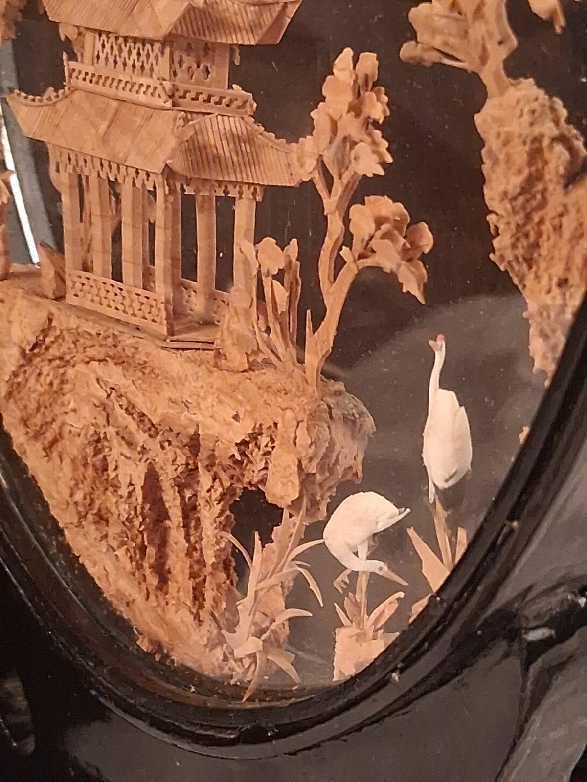 San You Chinese Carved Cork Diorama Glass Case Cranes Pagoda Trees 8 Inch