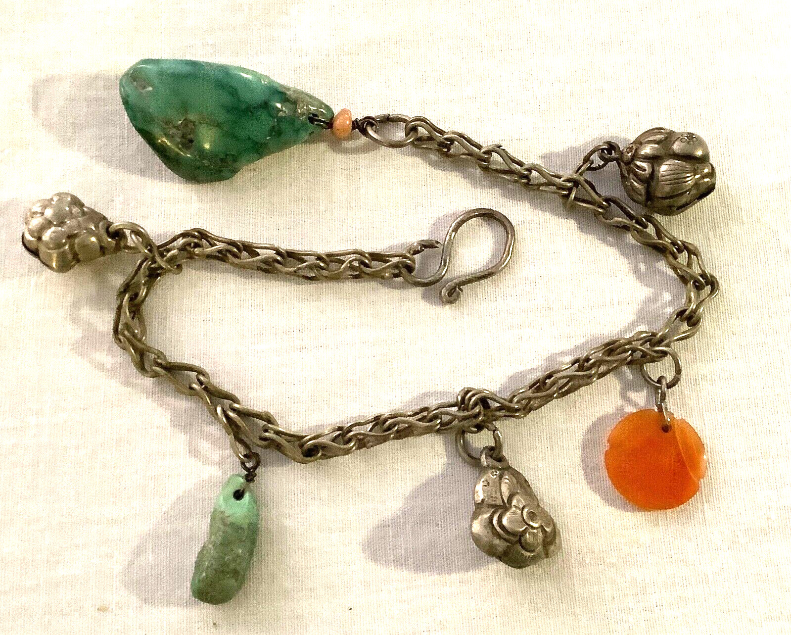 QING DY Chinese Silver TOGGLE Chatelaine AMULET bell Charms TURQUOISE CARNELIAN