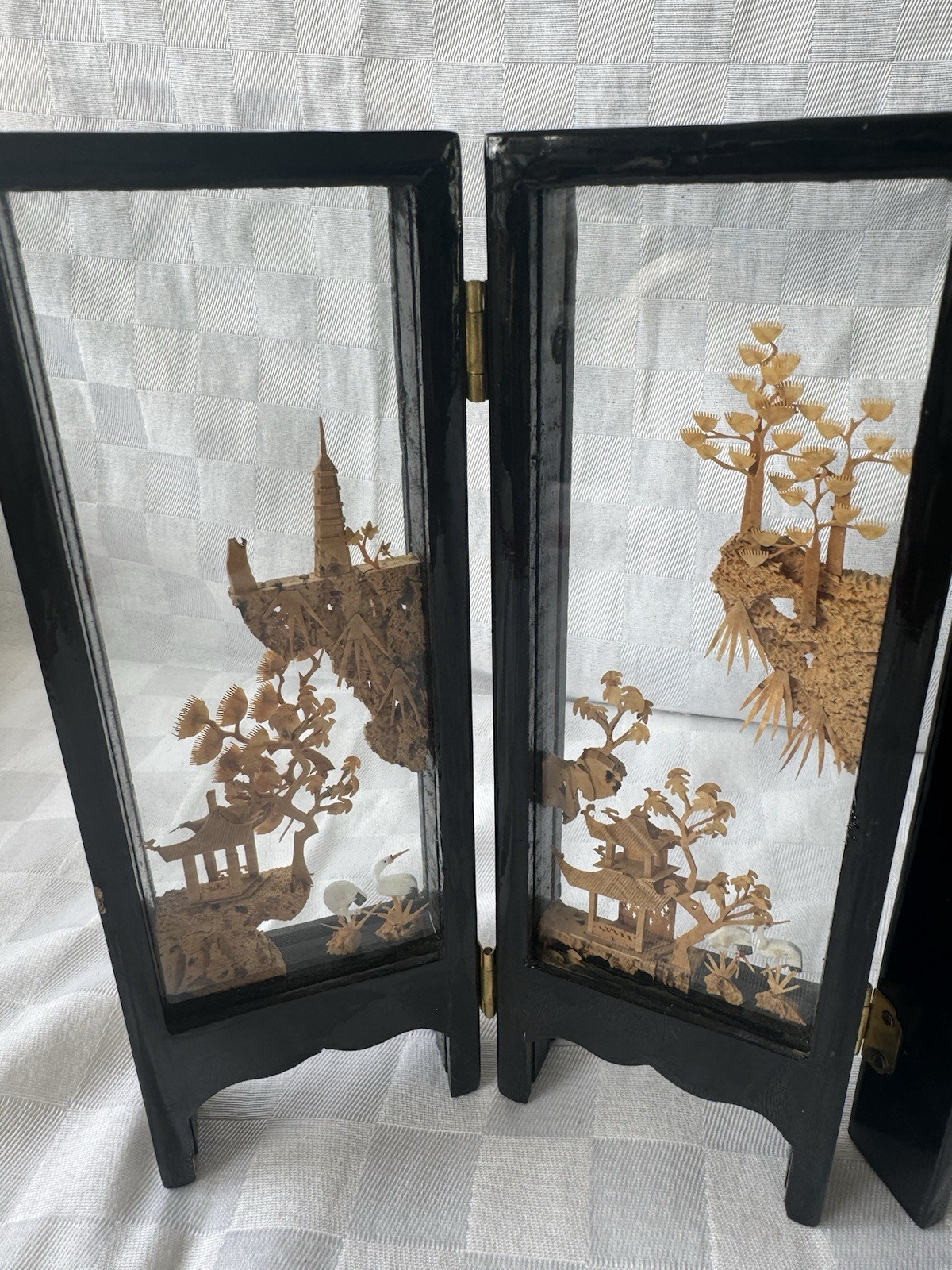 Chinese Cork Art Folding Screen 6 Panel Diorama Landscape Pagoda Black Lacquer