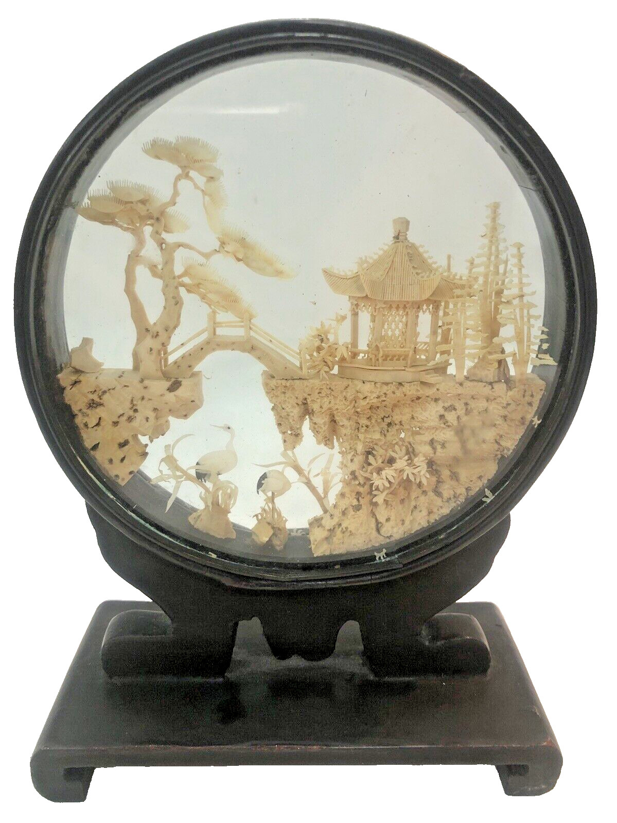 Mid 20th Century Chinese Cork Carving Landscape Art Pagoda Trees Cranes 6 1/2”