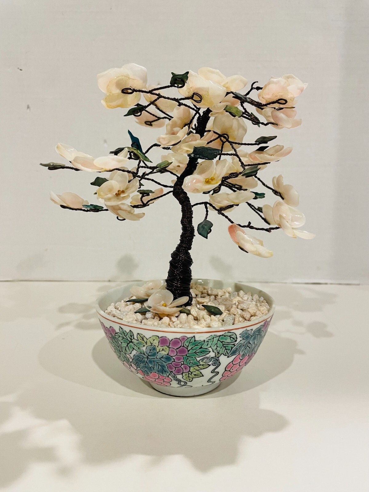 Chinese Pink Seashell & Green Glass 8″ Bonsai Tree in Cloisonné Pot