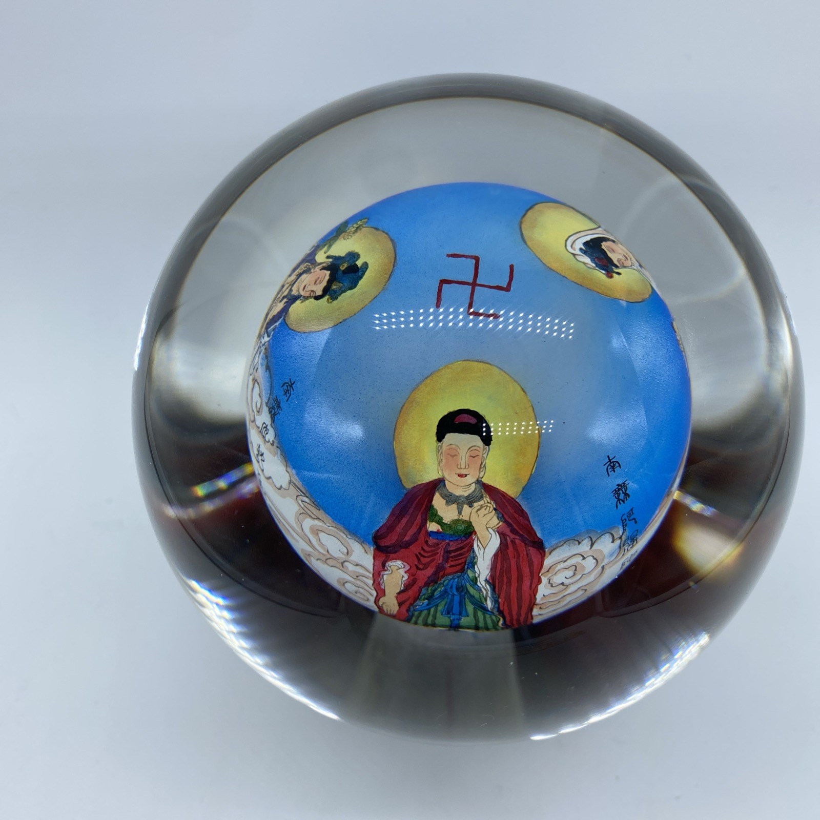 Asian Oriental Reverse Glass Ball Paperweight Shape Globe With Wooden Stand