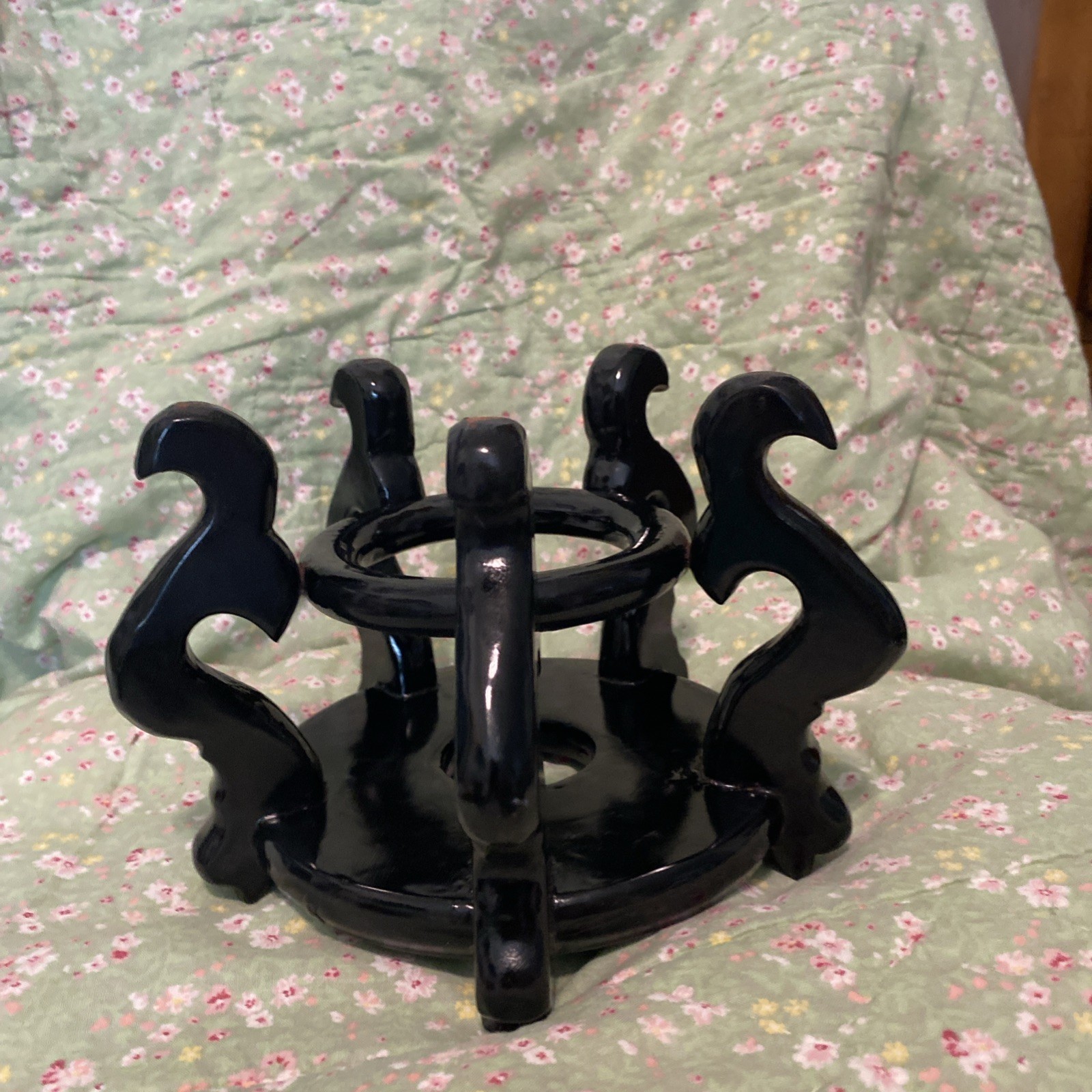 Asian Wood Stand 5 Leg Carved Pedestal Holds pot 5” Diameter High Gloss Black