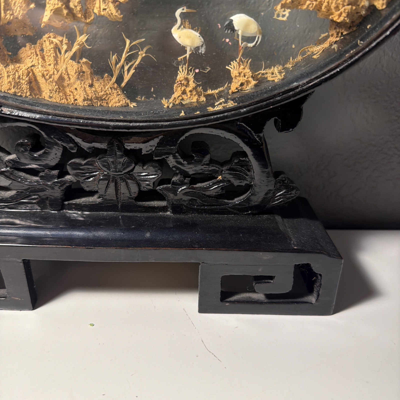 VTG Chinese Hand Carved Cork Diorama Shadow Box Asian Art Pagoda Cranes Trees