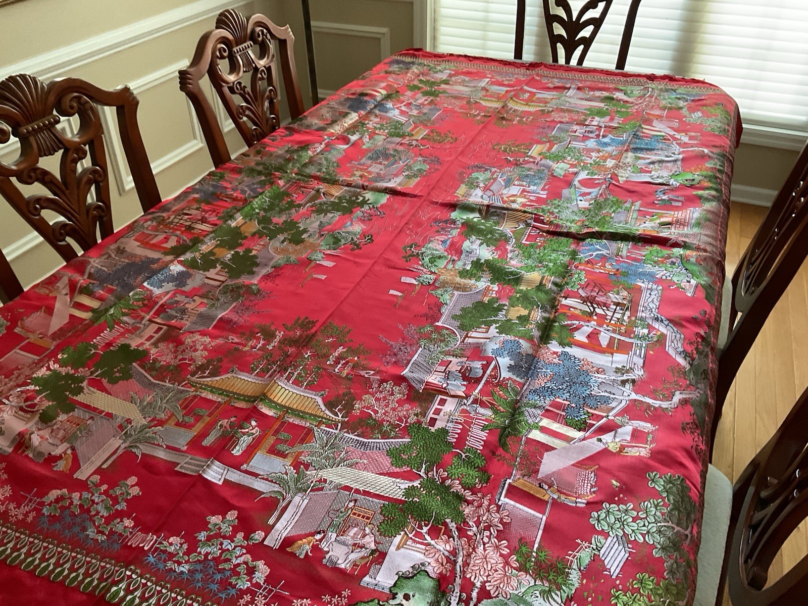 Vintage Brocaded Flowers brand Chinese Red Silk Tapestry Tablecloth 80″x54″