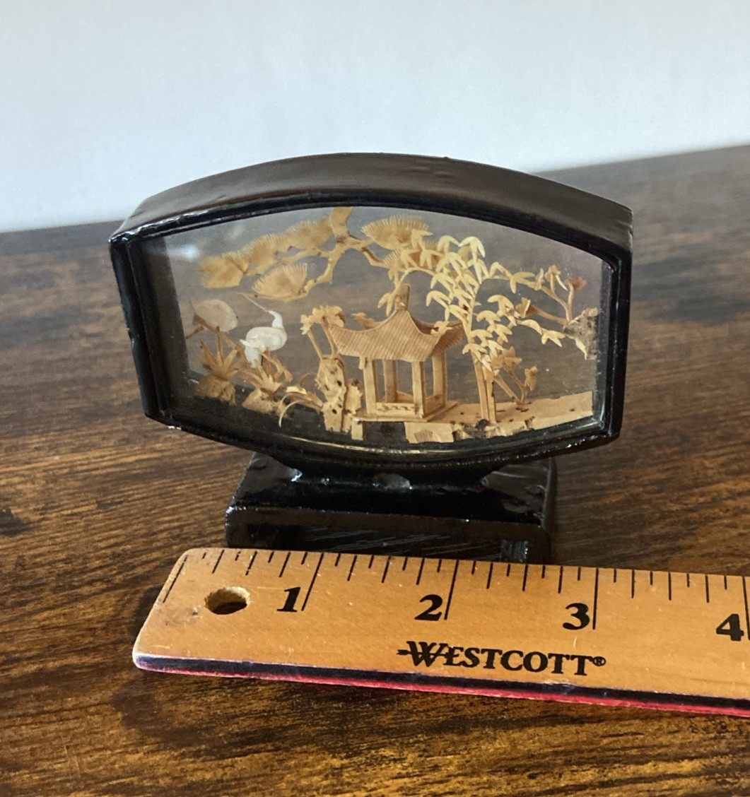 Carved Cork Chinese Art Diorama with Cranes Pagoda & Trees Black Lacquer Vintage