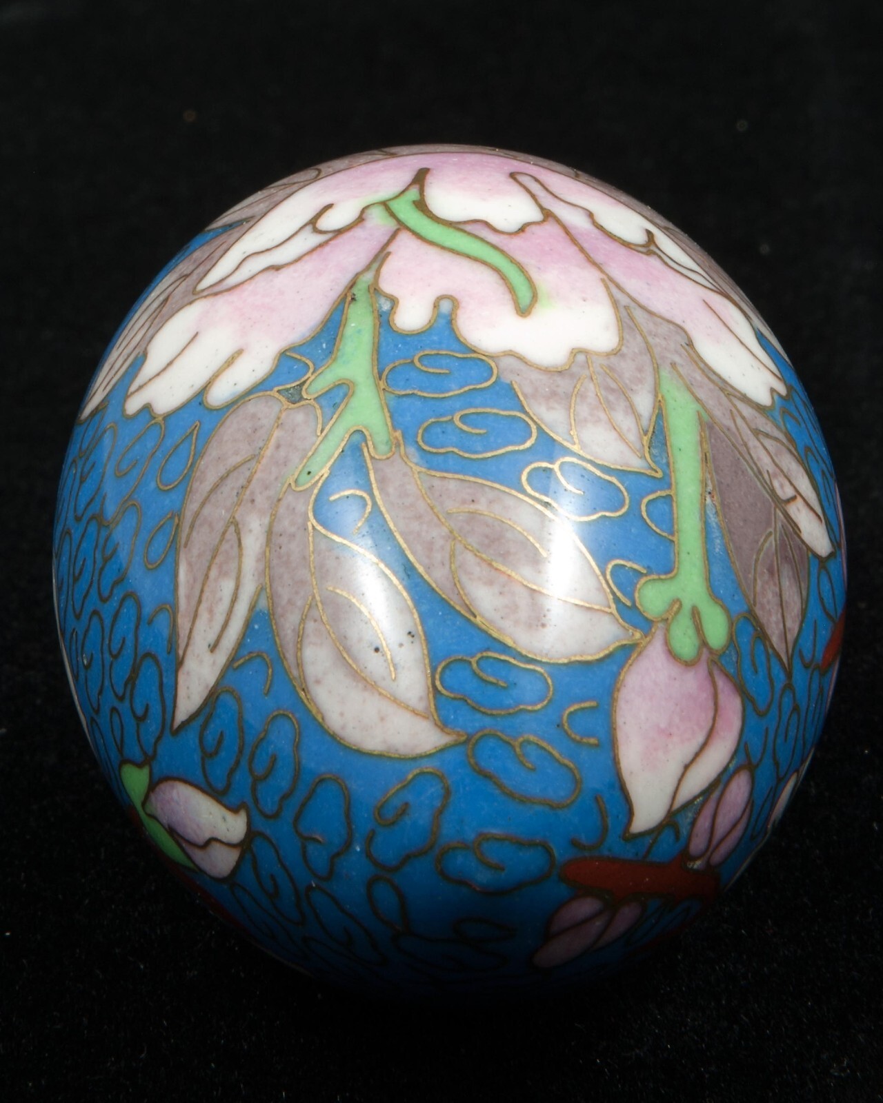 VTG Chinese Floral on Blue Cloisonne Enamel Metal Egg 2-1/2″ Tall w/Stand