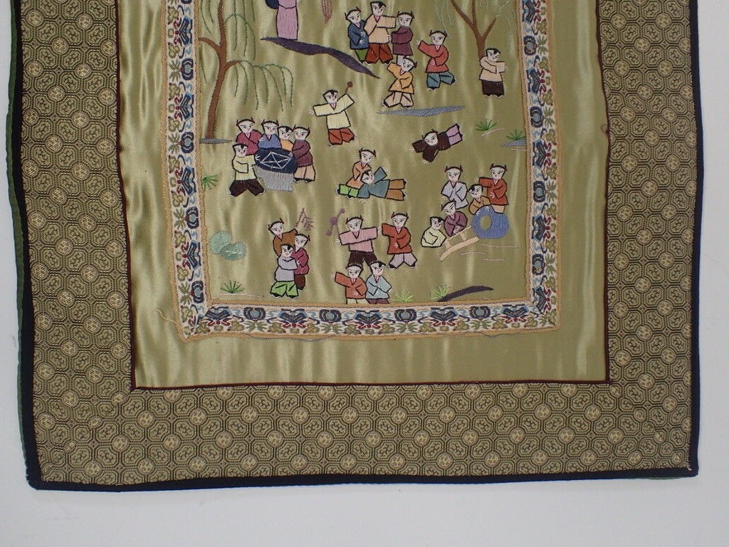 Vtg. Chinese Embroidered Silk Tapestry People & Activities 26″ x 13″ w/ Backing