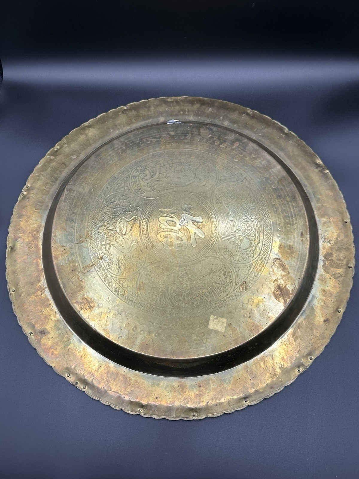 Pair Of Large Vintage 18” Chinese Etched Brass Wall Hanging Table Tray Decor