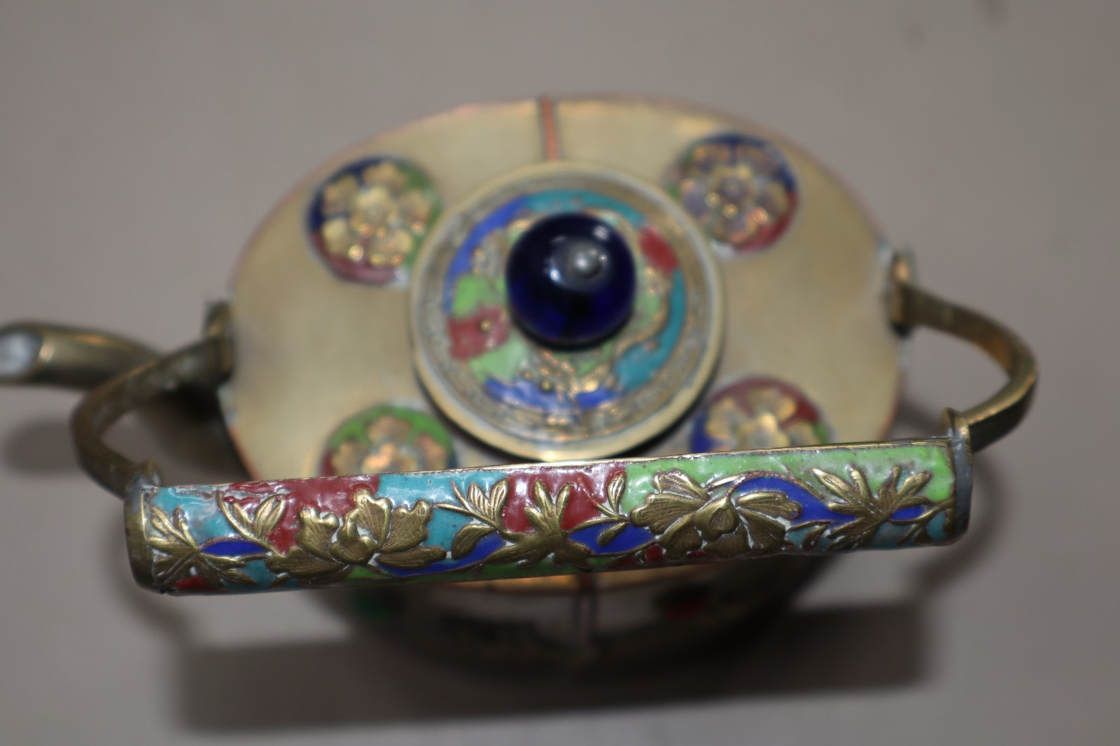 Brass Copper Ornate Tea Pot w/ Blue Glass Knob & Colored Stones – Marked China