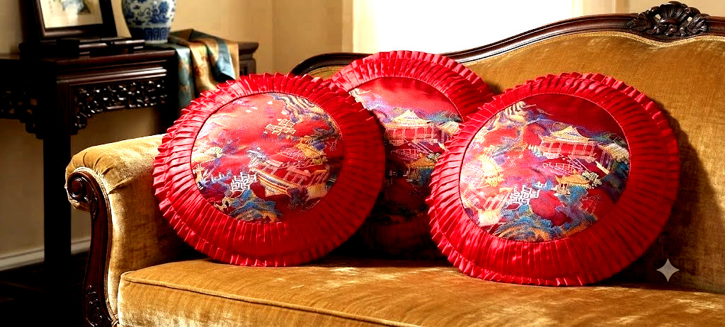 Asian Brocaded Flowers Silk Embroidered Red Round Pillowcases Size-19×19 in