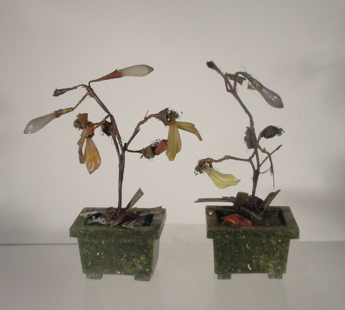 Antique Chinese Pair Jade Trees Carnelian Agate Hardstone As Is