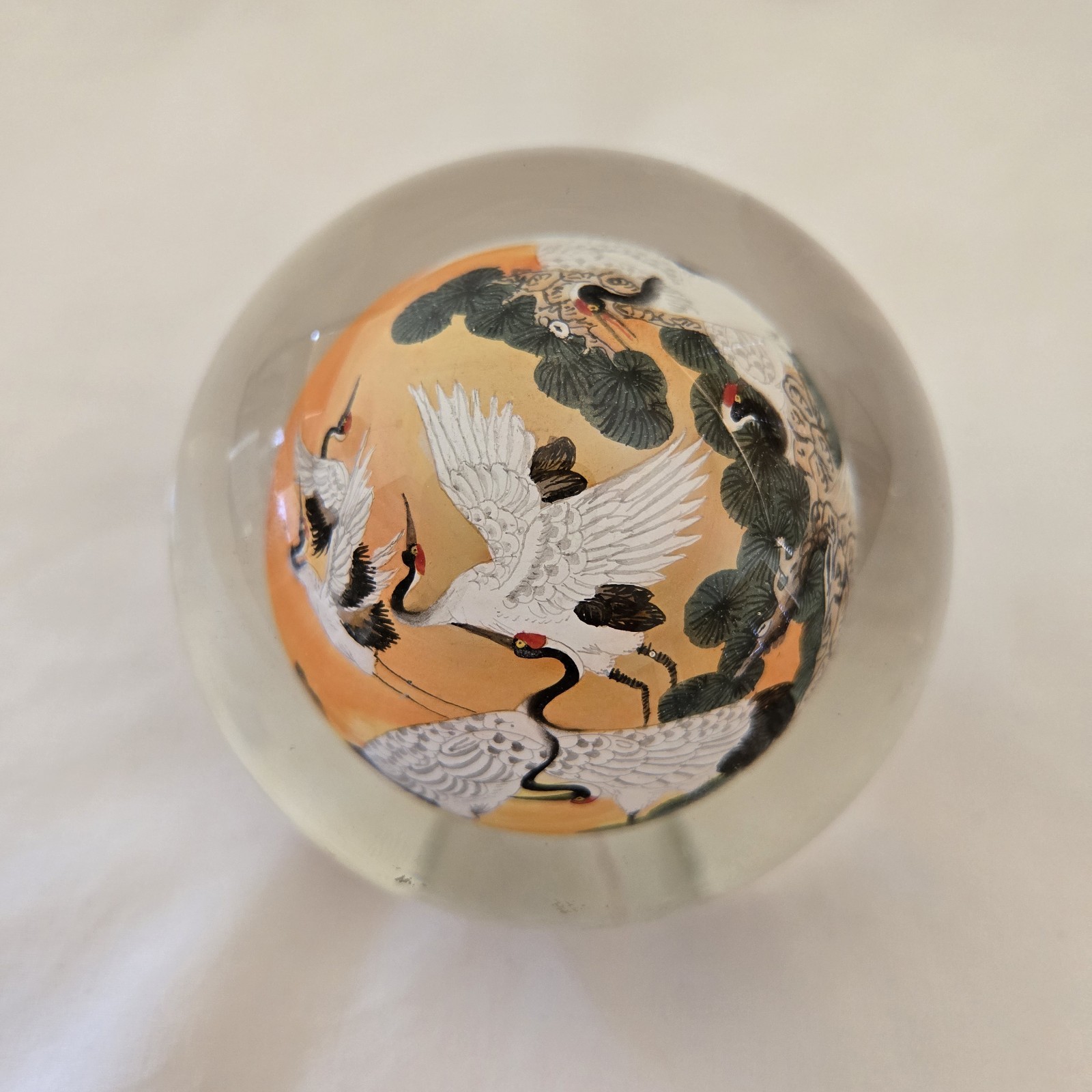 Cranes Art Glass Reverse Handpainted Sphere Ball 3″ Diameter Unbranded Vintage