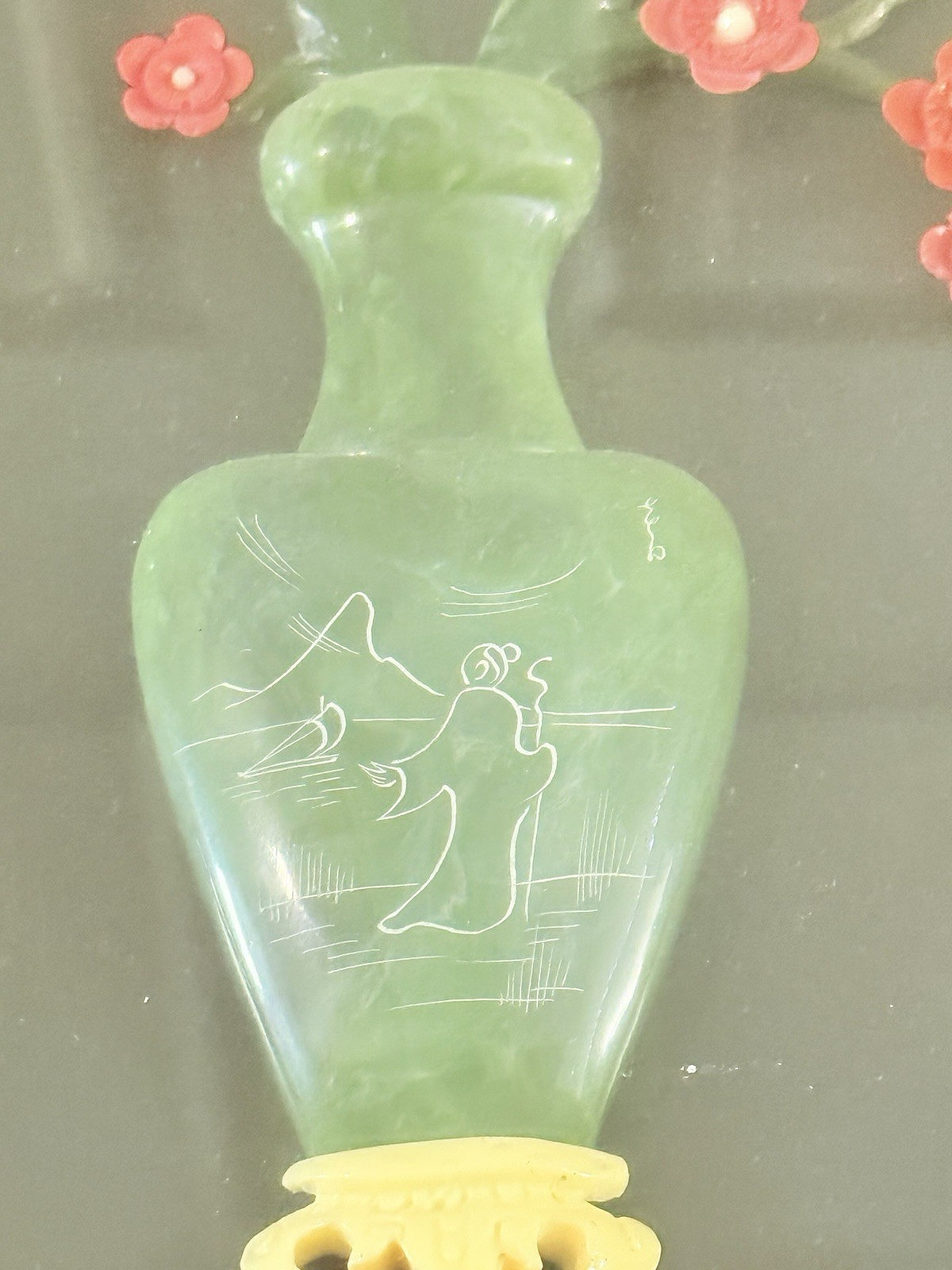 Vtg Asian Carved Jade Coral Prune Winter Flowers in Vase FRAMED 12.75″ x 30″