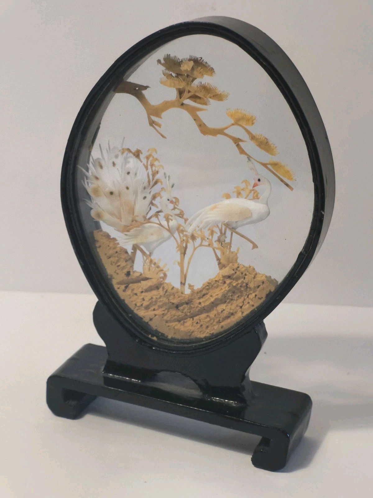 Vintage Asian Cork Carving Diorama Shadow Box Black Lacquer Peacocks Birds 5.5″