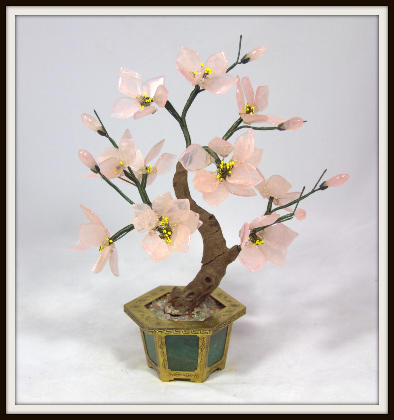 “Hand Carved Chinese Rose Quartz Tree in a Brass & Jade Pot” (11″ H x 9″ W)