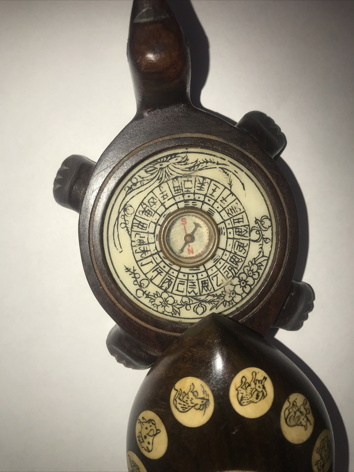 Vintage Carved Wood Turtle with Inlaid Chinese Zodiac Signs Opens to Compass 183