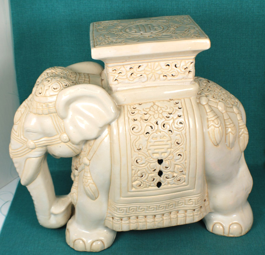 Mid Century Asian Style Ceramic Elephant Plant Stand Beige/ Off -White