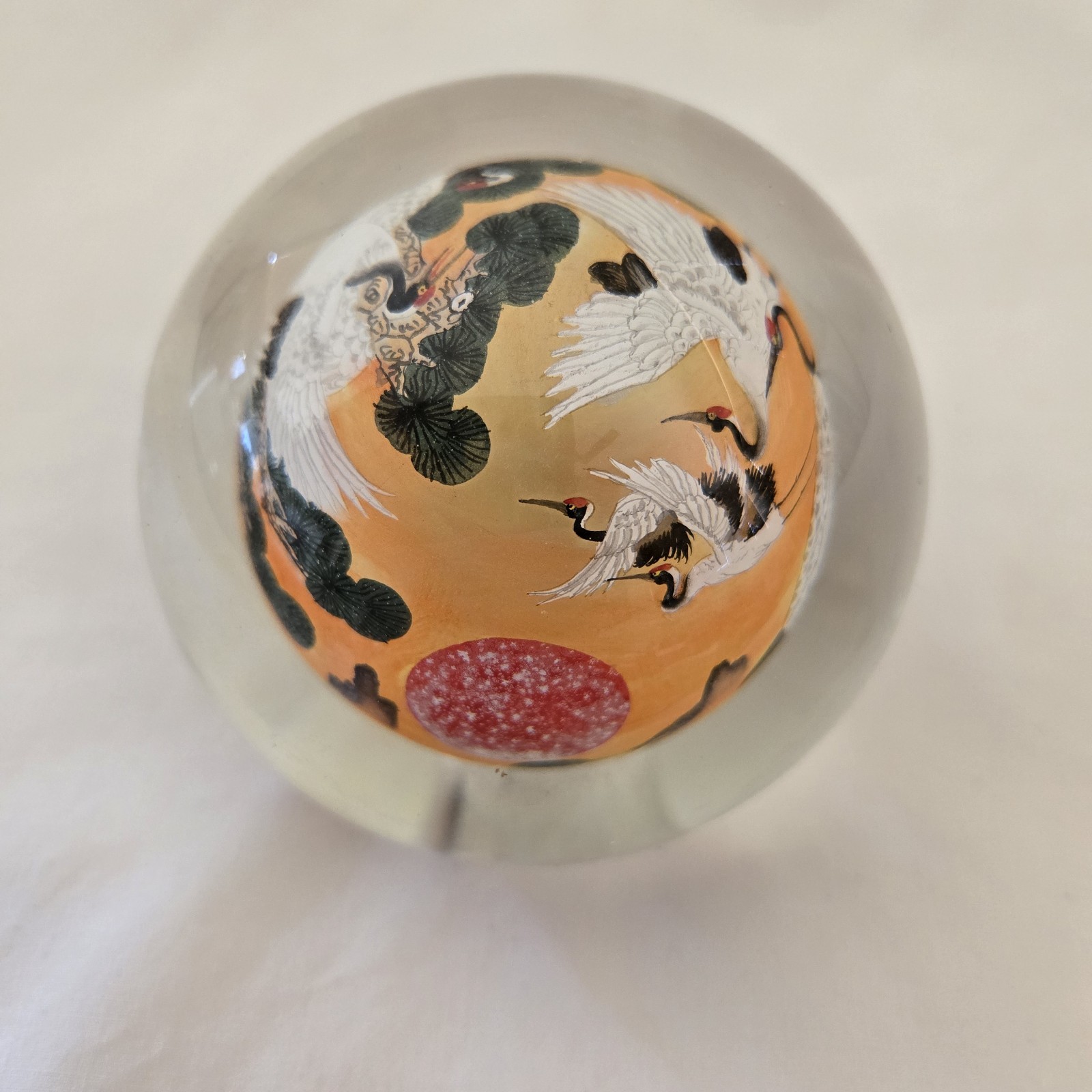 Cranes Art Glass Reverse Handpainted Sphere Ball 3″ Diameter Unbranded Vintage