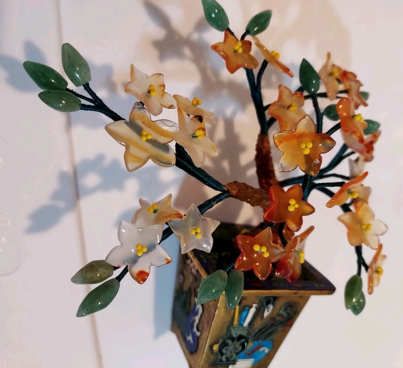 Vintage Carved Jade Tree Bonsai Flowers Cloisonne Planter Gemstones Carnelian