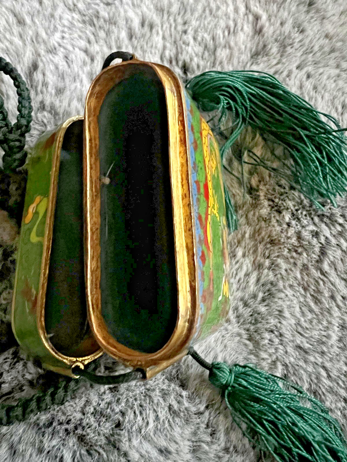 Vintage CHINESE CLOISONNE ENAMEL BRASS PURSE – green dragon