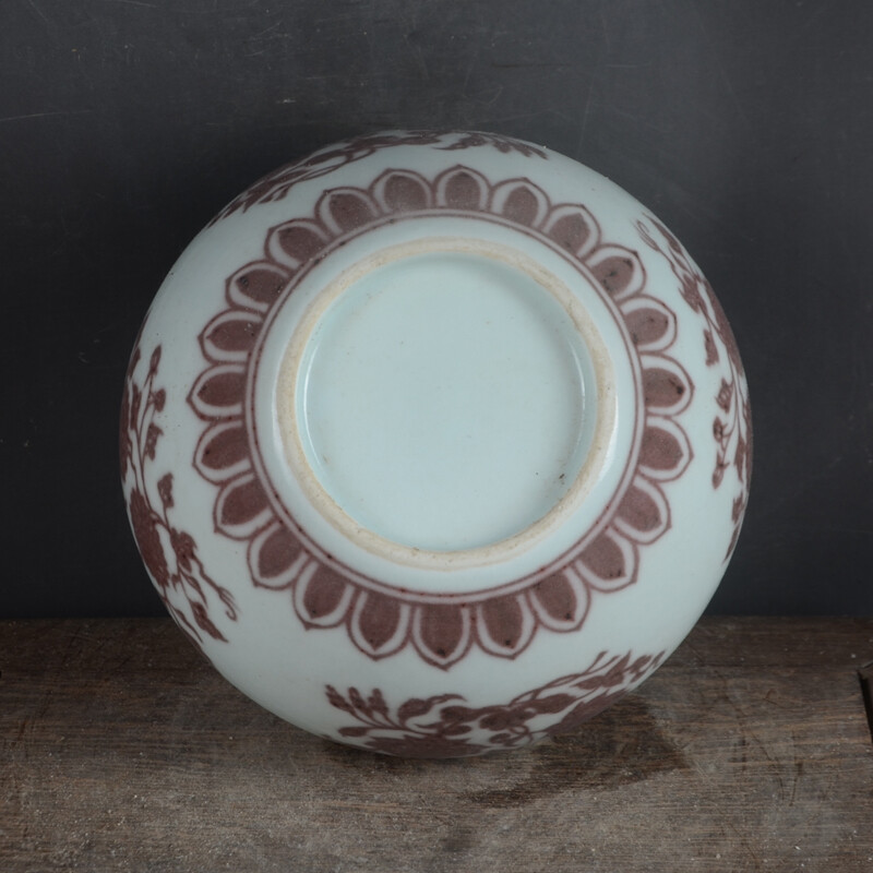 4.5″ Chinese Porcelain Under Glaze Red Lotus Flower Tree Leaf Brush Washer
