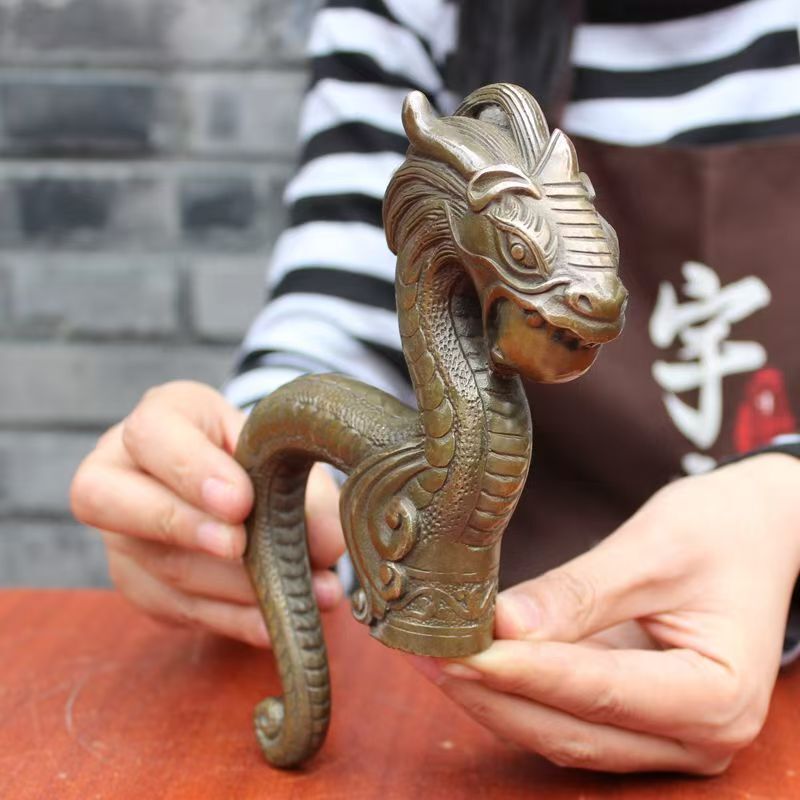 Old Handmade Carved Dragon Statue Cane Walking Stick Head Statues