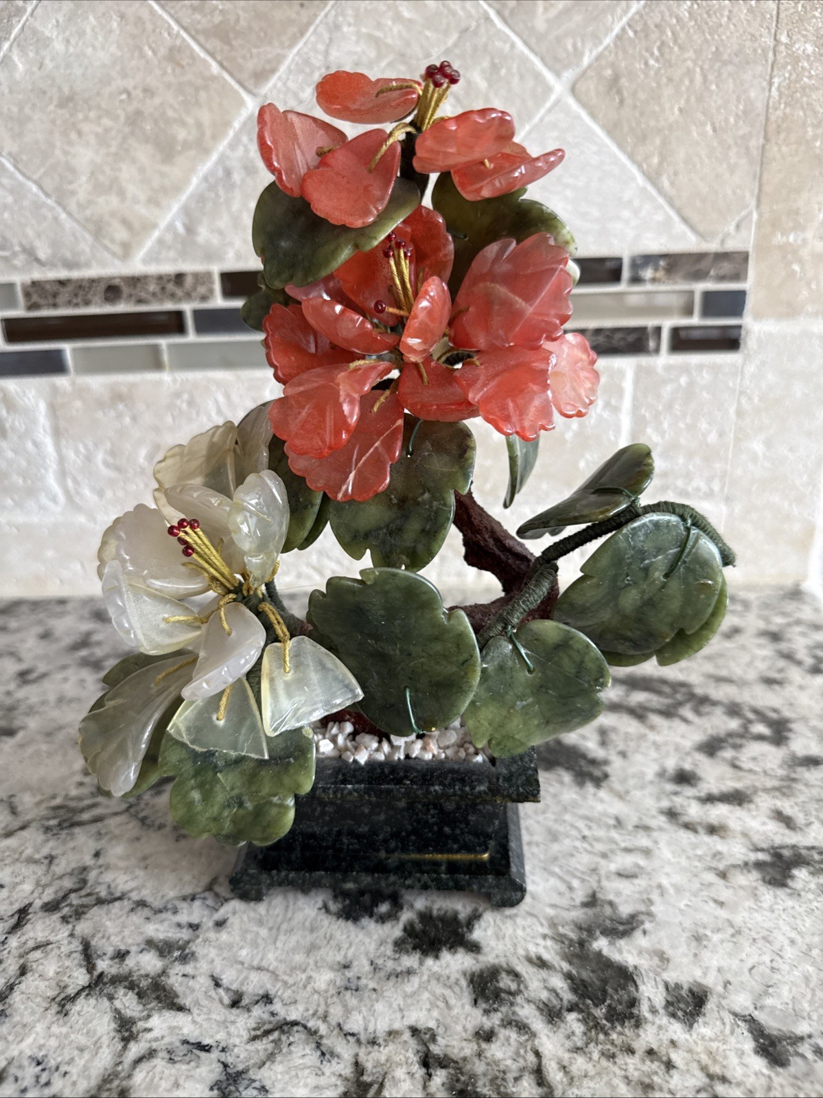 Vintage Chinese Jade Tree Carved Hardstone Flower Carnelian Rose Quartz Agate 9″