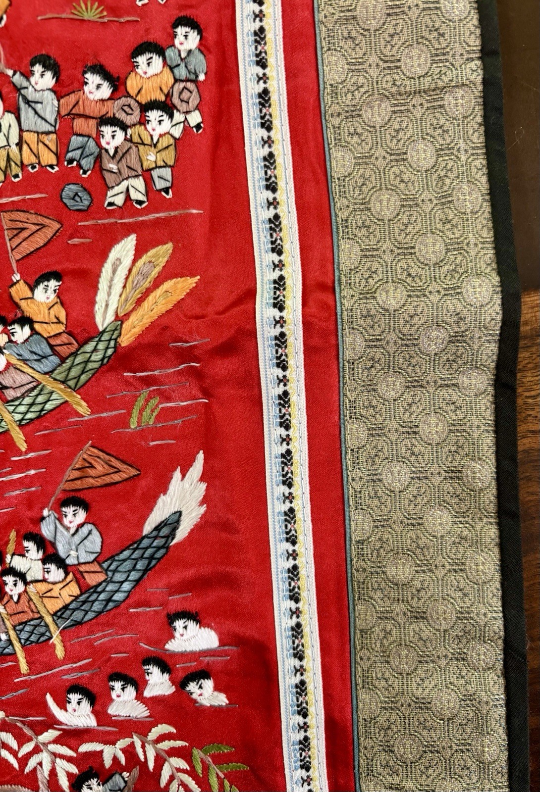 VTG Chinese Embroidered Red Silk Tapestry Children Dragon Boat Fishing Hanging