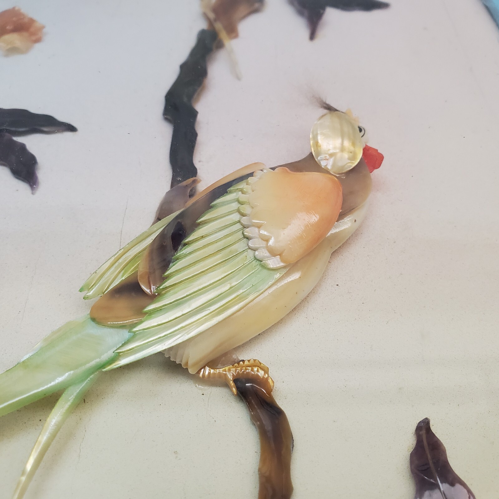 Vintage Chinese Shell Art Shadowbox Bird & Tree 3D Abalone Framed 12×24